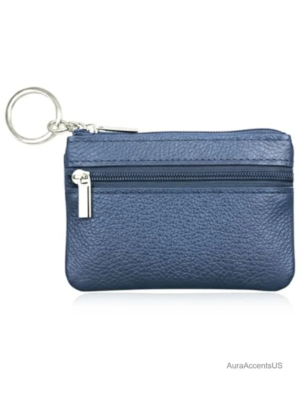 Genuine Leather Coin Purse with Zipper and Key Ring Mini Change Pouch